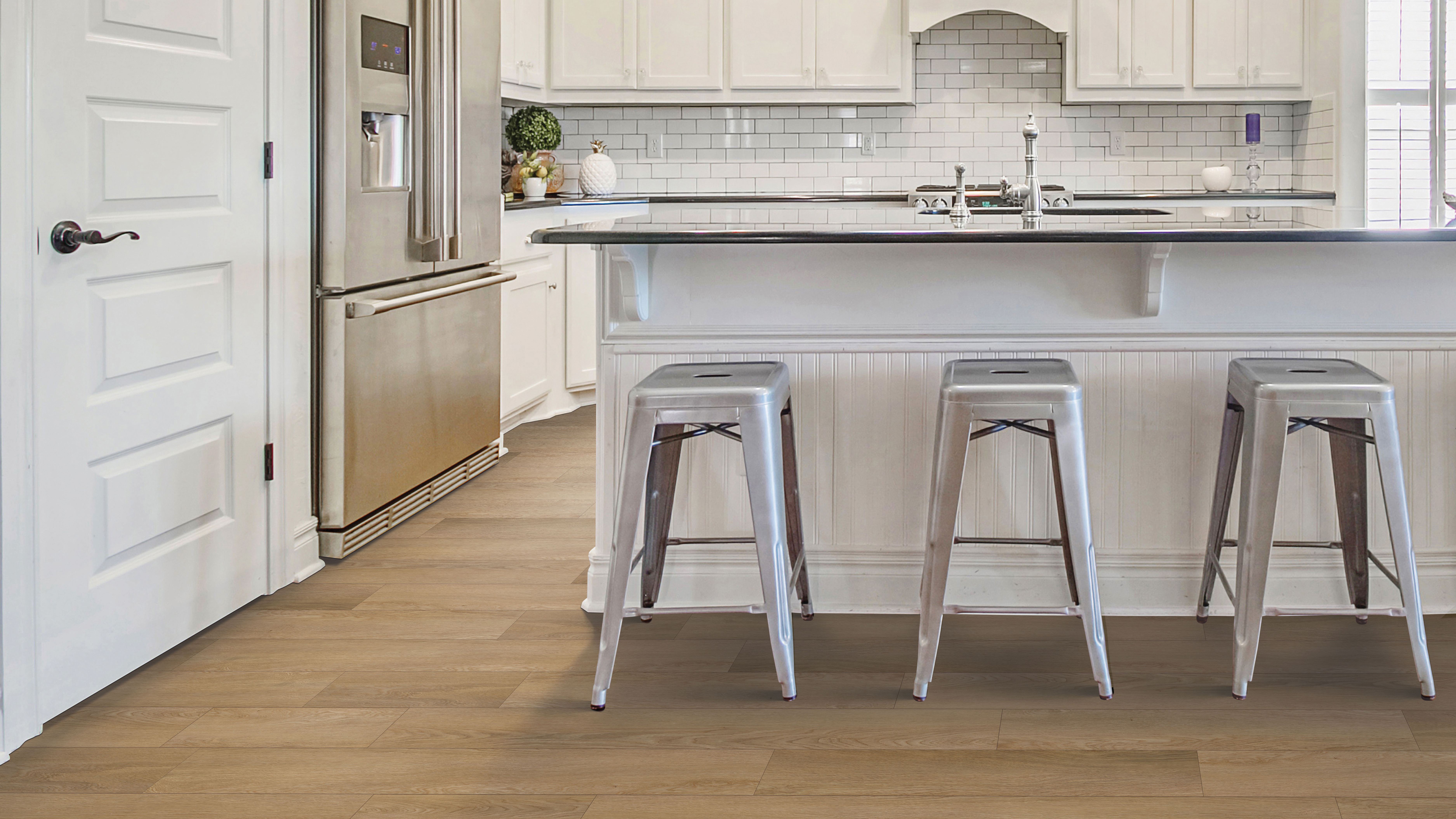 Luxury vinyl flooring in a kitchen, installation services available.